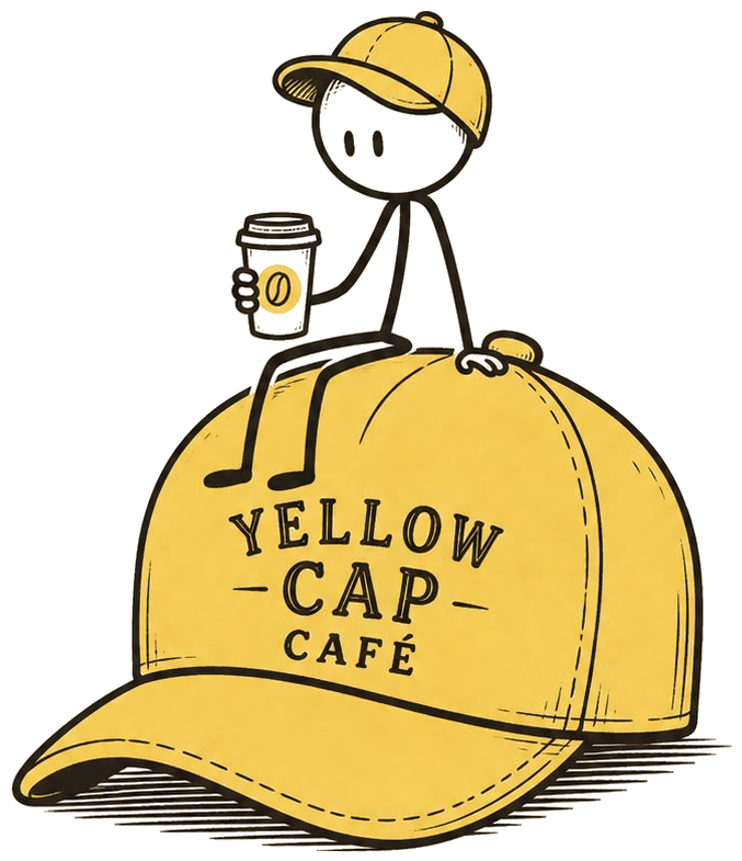Yellow Cap Cafe cap with stick figure